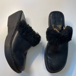 Born black leather fur trimmed clogs